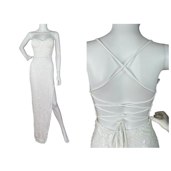 Lovesome Lace-Up Sequin Slip Dress Gown Prom Homecoming Wedding White Sz S - Picture 1 of 11